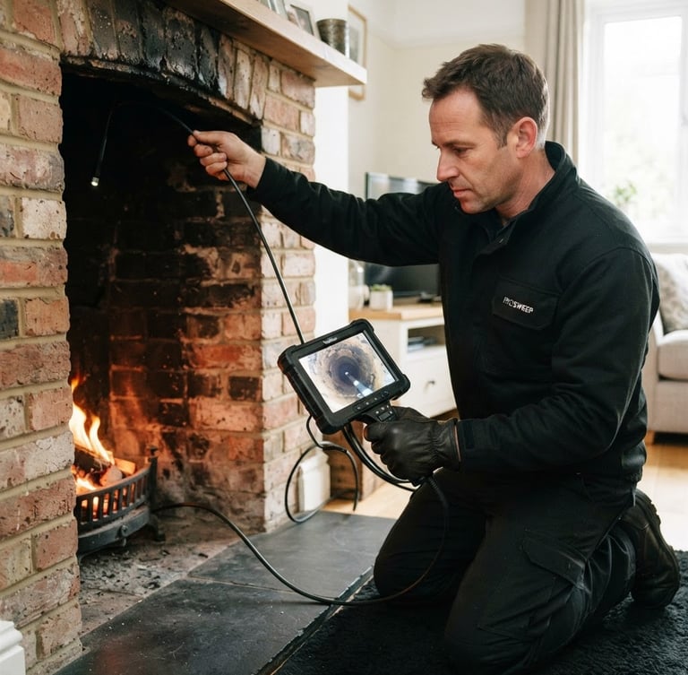 Professional chimney sweep in a clean uniform using an inspection camera inside a flue, bright natural indoor light, sharp focus, 35mm lens