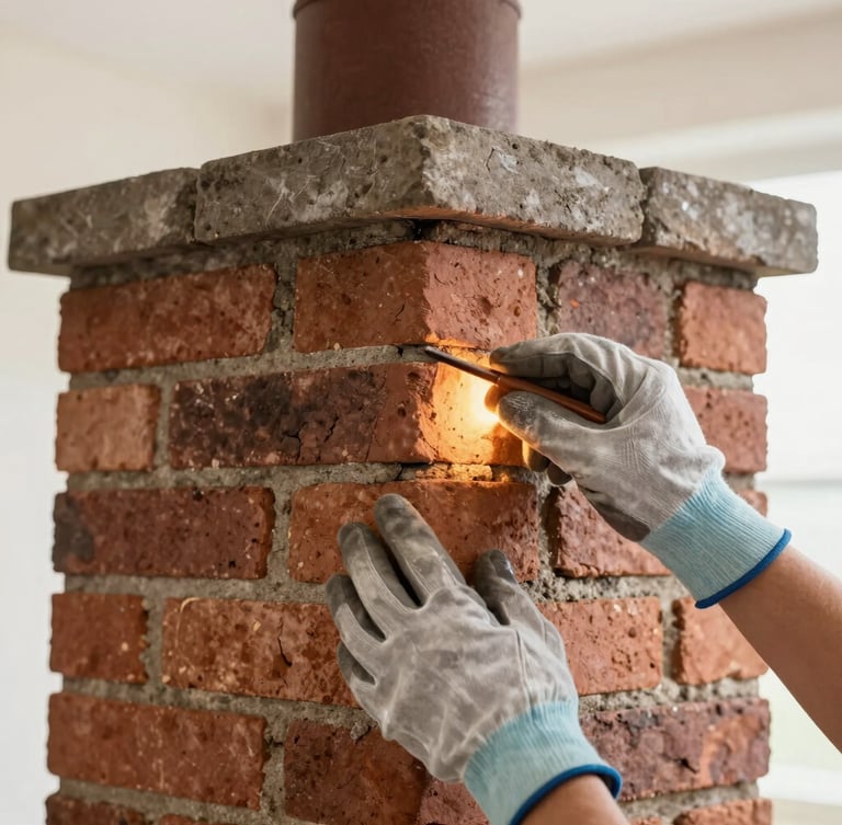 Close-up of a chimney technician's gloved hands meticulously tuckpointing brick masonry, warm hearth glow, sharp focus, 35mm lens