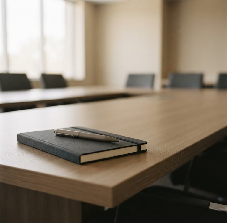 Wide, minimalist shot of a modern, empty conference room bathed in soft, diffused daylight, a single, neutral-toned pen resting on a dark notebook at the corner of a long table, shallow depth of field, charcoal and warm sand tones.