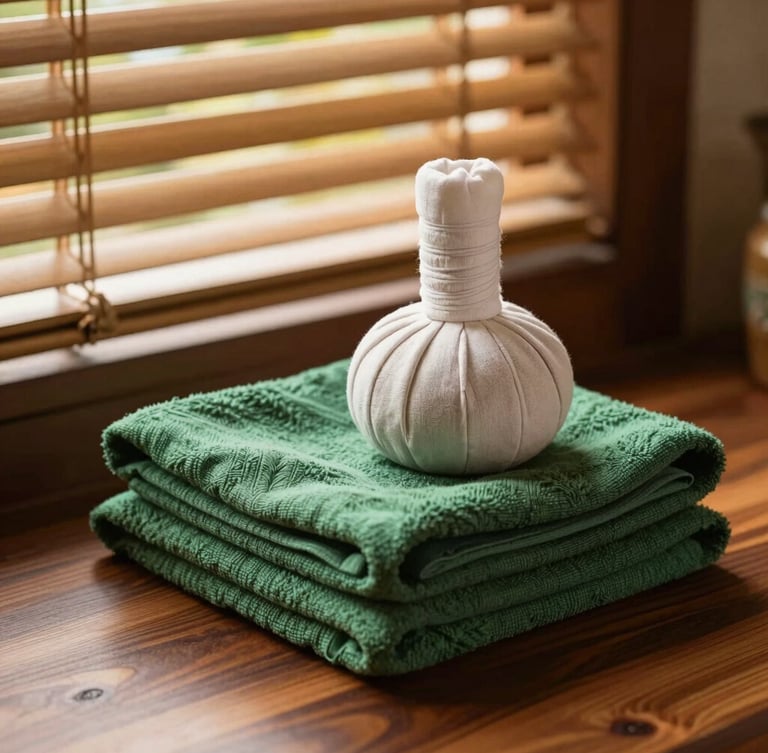 Neatly folded linen towels beside a traditional Thai herbal compress, golden-hour window light filtering through bamboo blinds, warm wooden interiors