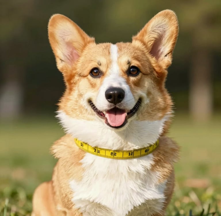 Eye-level bright portrait of a happy Pembroke Welsh Corgi being gently measured with a yellow tape measure around its chest, warm natural daylight, soft focus background