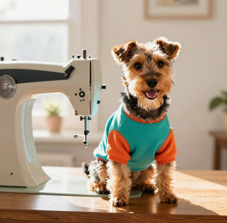 A happy small terrier dog wearing a colorful handmade teal shirt sitting next to a vintage sewing machine in a bright, sunlit room, warm daylight