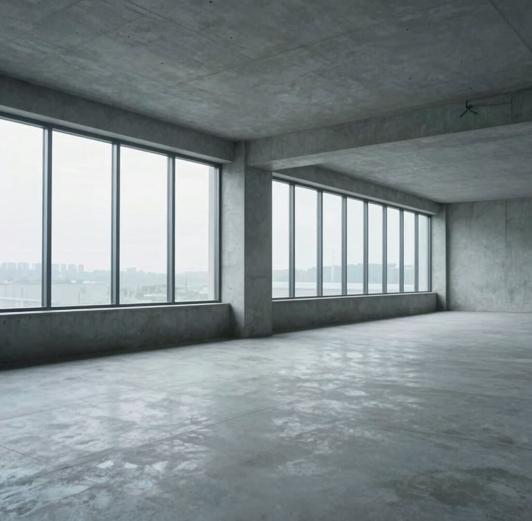 Interior architectural photography of a minimalist empty concrete and glass collaborative workspace, cool overcast natural light filtering through large windows, desaturated tones