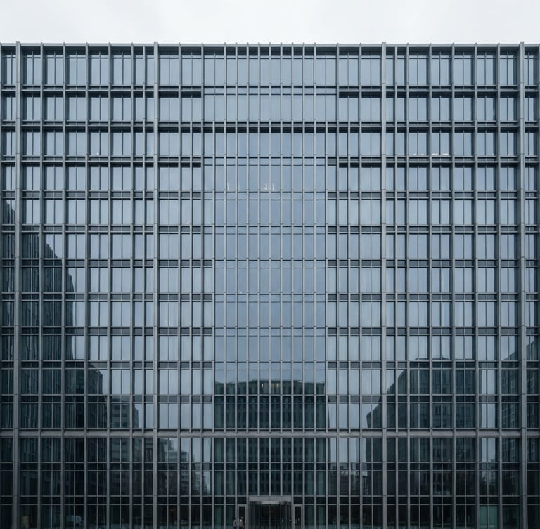 Symmetrical architectural photography of a modern steel and glass skyscraper facade, overcast daylight, desaturated blue and slate tones, sharp focus, 35mm lens