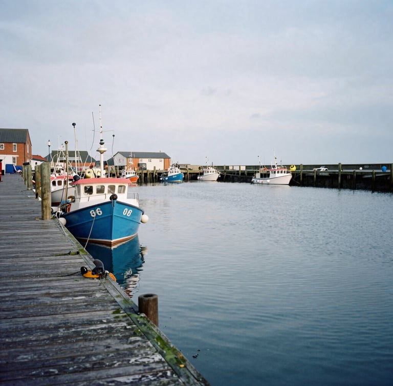 A wide shot of Gloucester waterfront harbor on an overcast morning, weathered docks, fishing boats, cool coastal daylight, 35mm