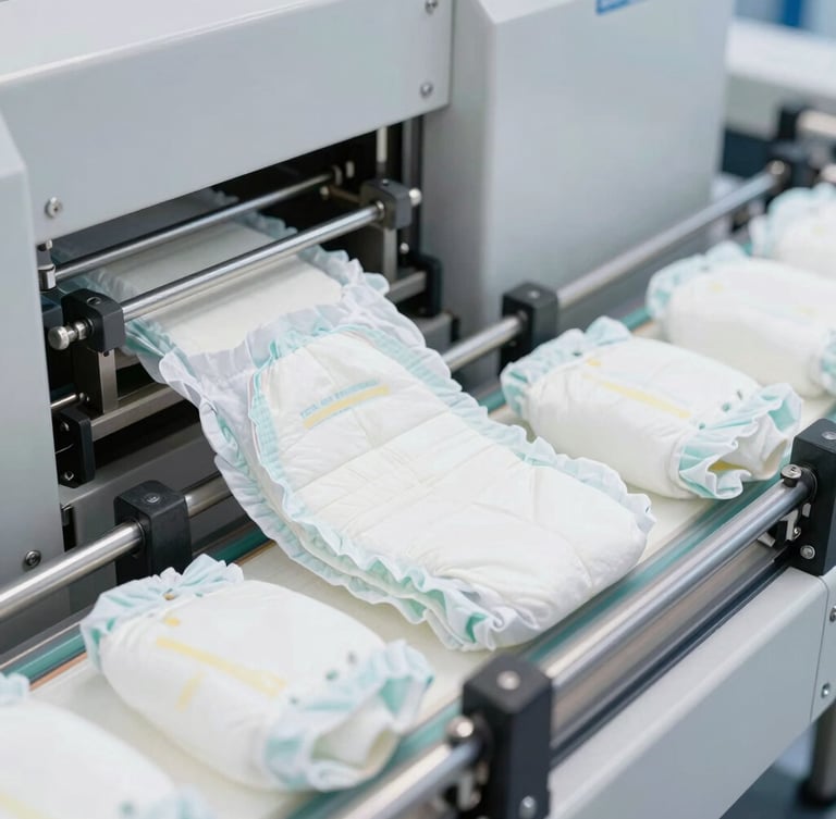 Close-up portrait of a high-speed diaper manufacturing machine, pristine steel components, unbranded white diaper cores moving rapidly along a conveyor belt, clinical lighting.