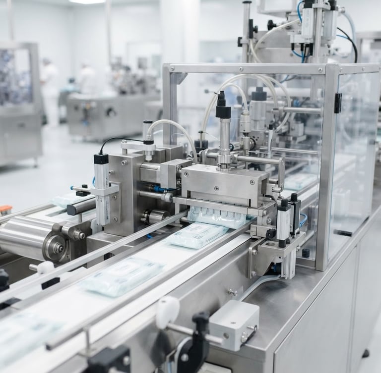 A high-key studio photo of an automated hygiene manufacturing line, clean stainless steel machinery, soft clinical lighting, shallow depth of field
