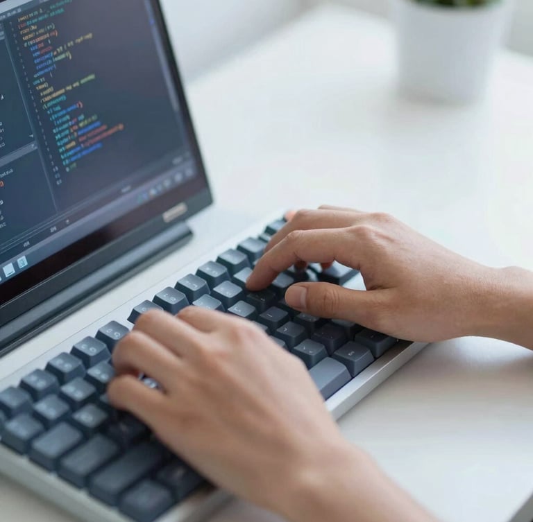Close up of developer hands typing code on a mechanical keyboard, code editor visible on screen, shallow depth of field, cool blue and slate tones
