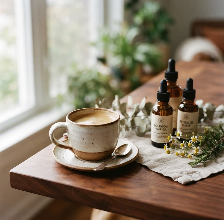 Warm editorial photography of a ceramic coffee cup resting next to botanical hair care bottles on a polished wooden table, soft natural window light, shallow depth of field, 35mm