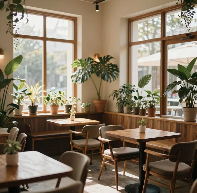 Warm editorial photography, interior view of a botanical-filled café and salon sanctuary, wooden accents, soft natural light filtering through large windows, 35mm.