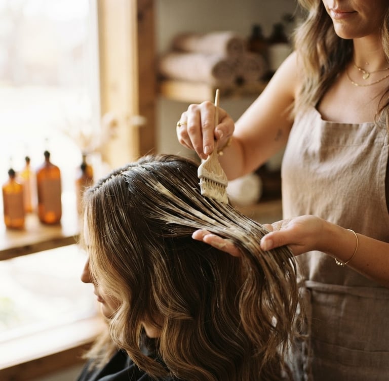 Warm editorial close-up of a stylist gently applying a creamy botanical hair treatment mask, soft natural window light, rich cream and coffee tones, shallow depth of field, 35mm.