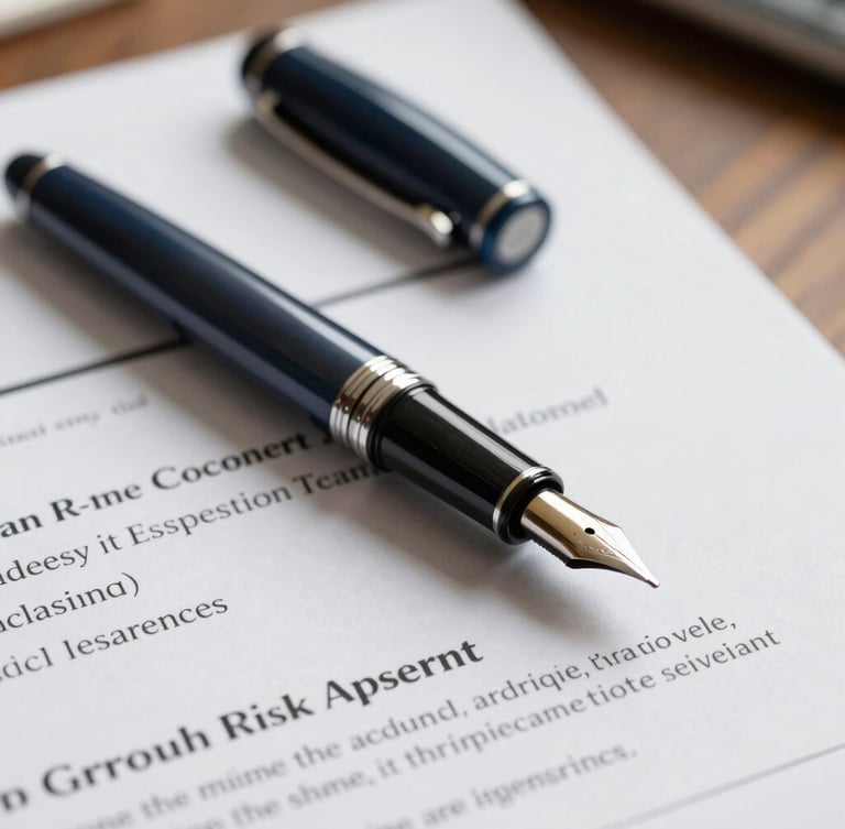 Close-up of a high-end fountain pen resting on a detailed corporate risk assessment contract, soft lighting, warm slate tones, shallow depth of field, professional.