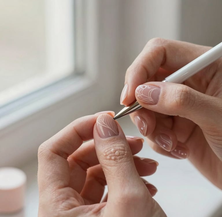 Macro shot of artist hands carefully painting intricate fine-line nail art on a Gel-X nail, soft natural window light, warm nude and blush tones, shallow depth of field.