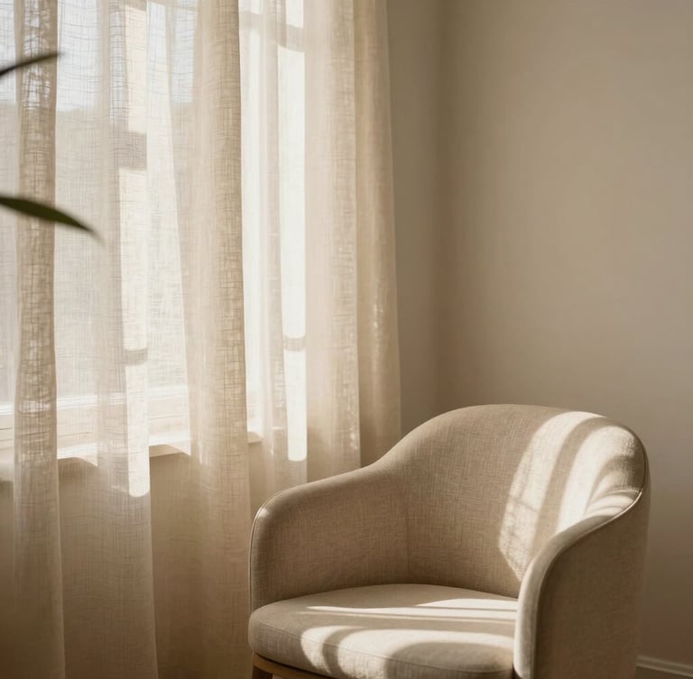 Serene interior of a minimalist private beauty studio, soft beige linen curtains, a single comfortable chair, warm natural sunlight filtering through a window, plant leaf shadow
