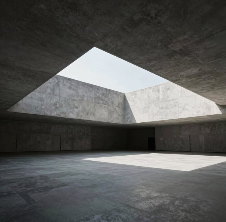 Extreme wide-angle architectural shot of empty high-altitude diplomatic chambers, hard cold daylight, stark shadows cast by sharp geometric concrete angles.