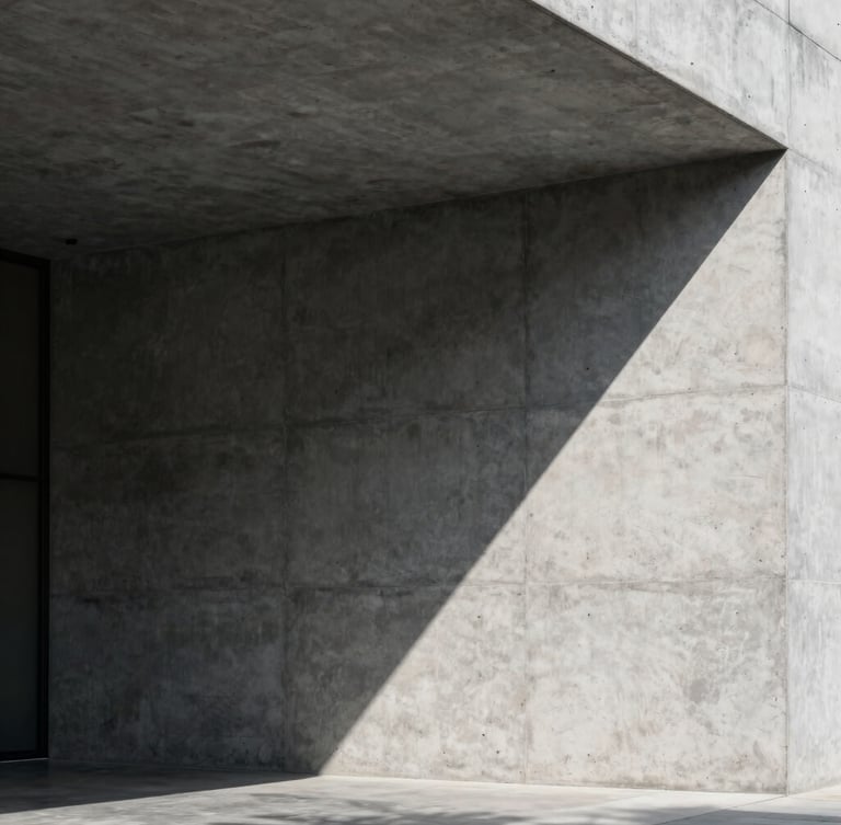 Stark brutalist concrete wall with sharp geometric shadows, cold daylight, clinical architectural lines, empty negative space