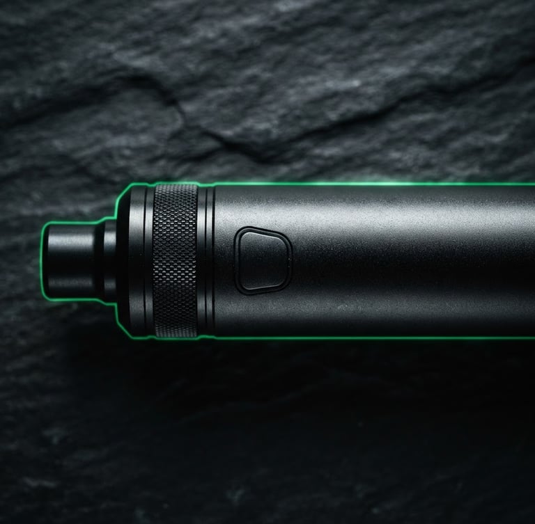 Macro close-up of a premium matte black metal vape device with emerald green rim lighting, shot on dark slate, high-contrast, 35mm