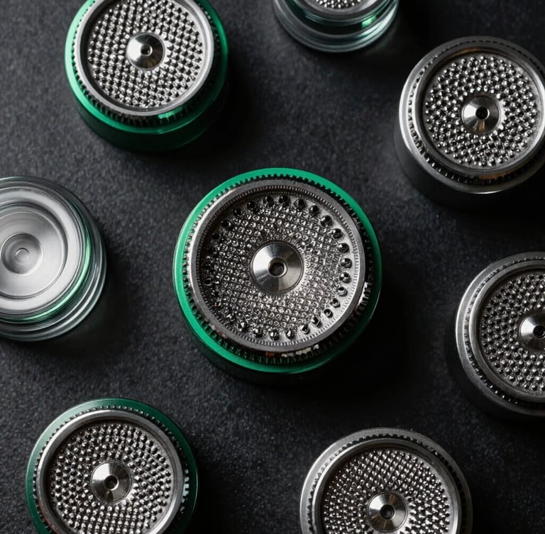 Overhead flat-lay of textured metal grinders and clean glass pods on a dark obsidian background, sharp emerald green reflections, luxury aesthetic