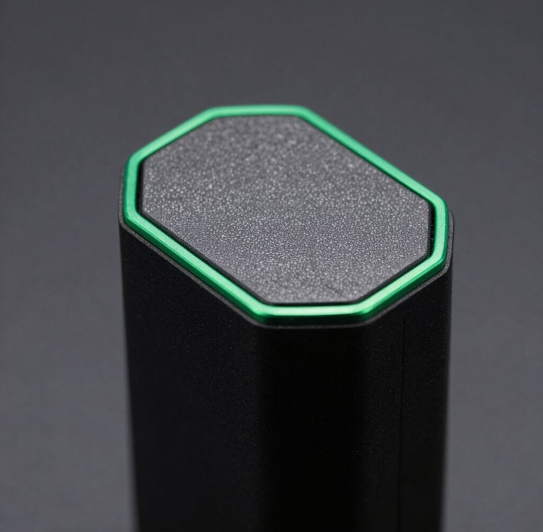 Macro close-up of a textured matte black metal vaporizer device, sharp emerald green rim lighting highlighting the sleek metallic edges, dark slate background, 35mm