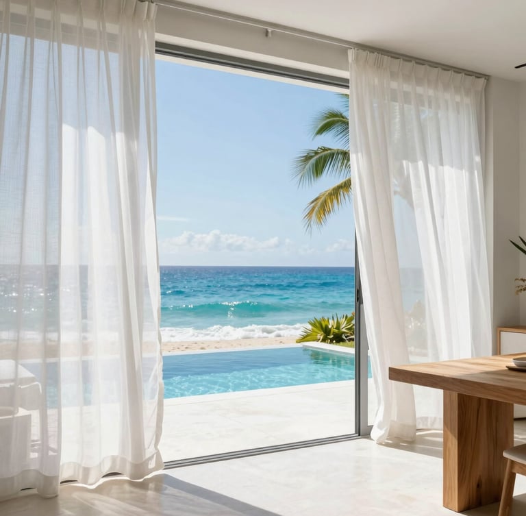 Sun-drenched luxury villa interior with clean white linen curtains blowing in the ocean breeze, minimalist wooden furniture, natural sunlight.