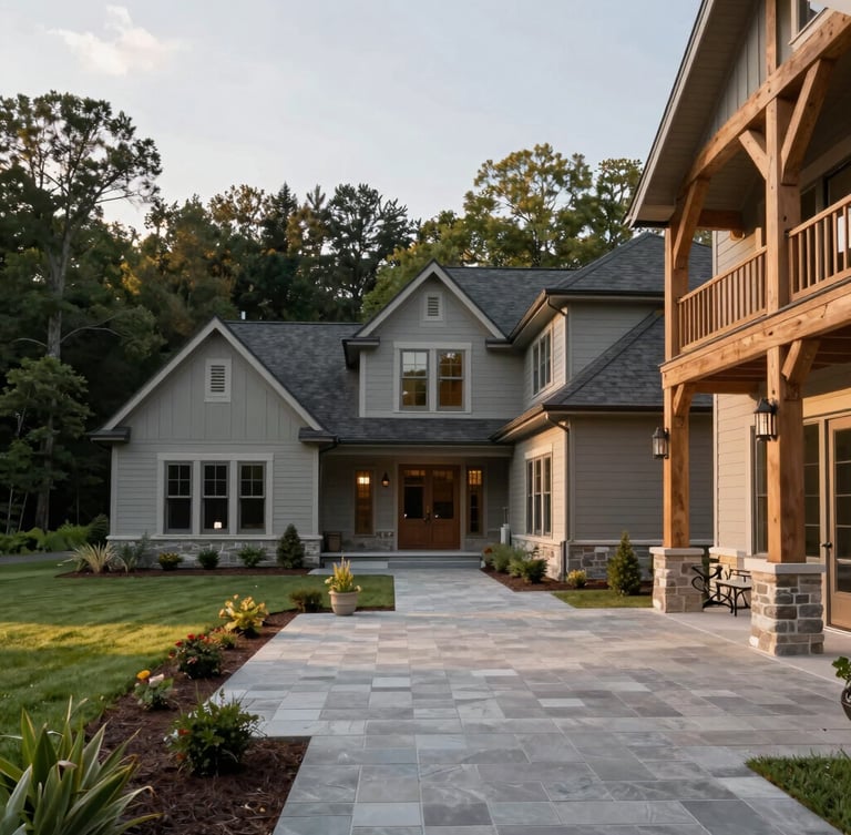 Wide environmental shot of a completed premium home in West Michigan, featuring a finished stone patio and timber framing on the right, soft golden hour lighting, 35mm lens.