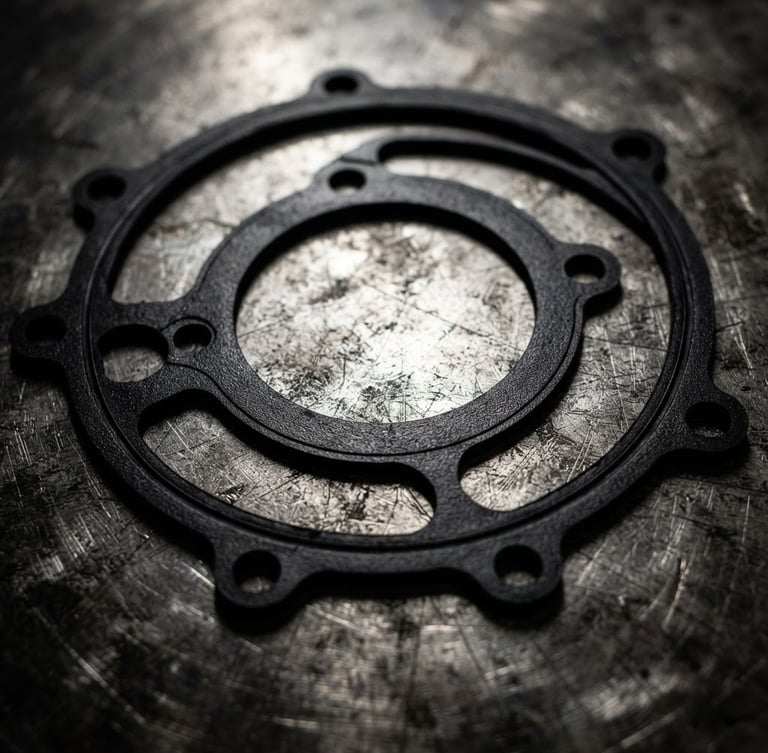 Extreme close-up macro shot of a finished black elastomer gasket with clean die-cut edges, resting on a steel workbench under dramatic high-contrast industrial lighting, sharp focus, 50mm lens.