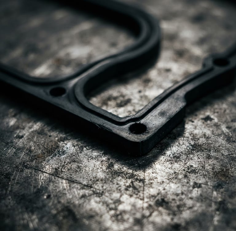 Extreme close-up macro photography of a finished black elastomer gasket showing clean die-cut edges on a steel workbench, dramatic industrial workshop lighting, sharp focus