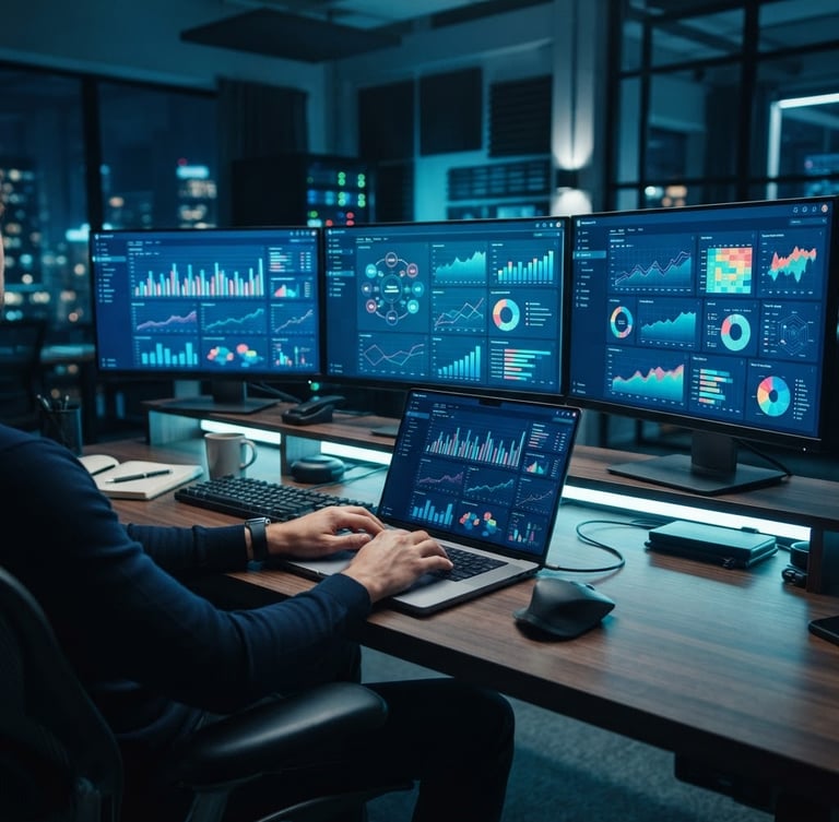 Wide shot of a clean workspace with multiple monitors displaying analytics dashboards, hands typing on a laptop, cool studio lighting with subtle blue undertones, crisp focus.