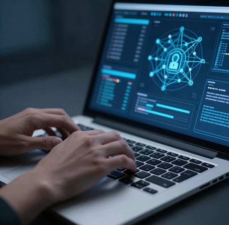 Close-up of hands typing on a sleek laptop keyboard, screen showing complex digital network visualizations and secure transaction interfaces, cool studio lighting with blue ambient undertones, crisp focus, shallow depth of field.