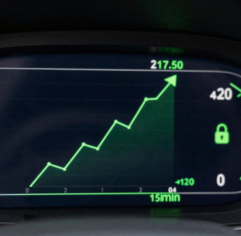 High-contrast dashboard interface displaying upward green trendlines and territory lock status, sharp electric green accents on deep charcoal background, tight macro shot.