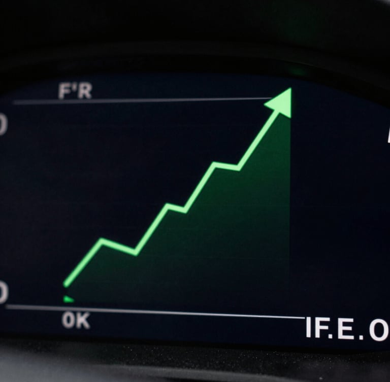 High-contrast dashboard interface showing upward trendlines with sharp electric green accents, low-key dark studio lighting, macro shot