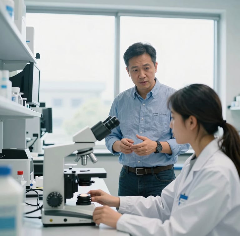 Documentary campaign photography, candidate standing in a modern biotechnology lab at Solano Community College, talking with a student adjusting a microscope, bright natural window lighting, crisp cool tones, 35mm