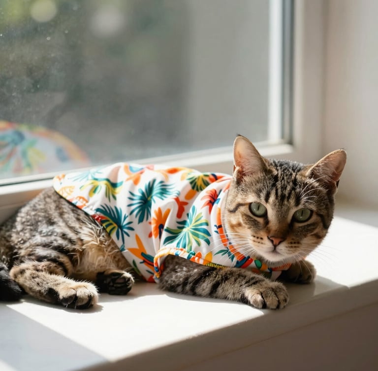 Eye-level shot of a relaxed tabby cat lounging on a sunlit window sill, wearing a lightweight colorful tropical shirt, warm natural daylight, shallow depth of field, 35mm