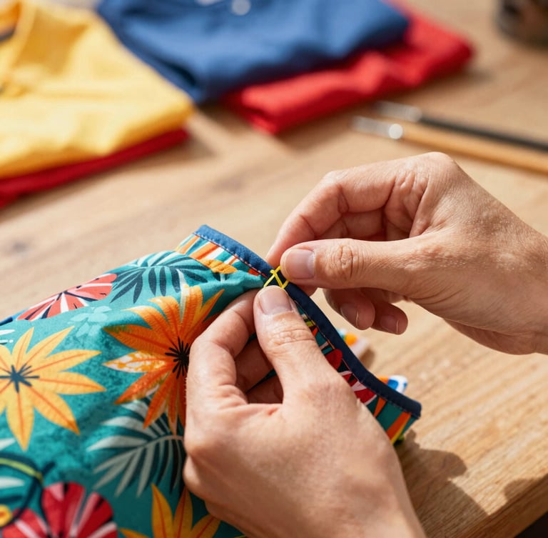 Close-up of hands carefully stitching a vibrant tropical pet shirt in a warm, sunlit workshop in Celaya, colorful fabrics in background, shallow depth of field, 35mm