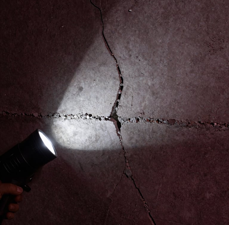 Macro shot of a structural crack in raw concrete, highlighted by a sharp, cool-toned flashlight beam, industrial engineering photography, high-contrast, deep charcoal and burgundy tones.