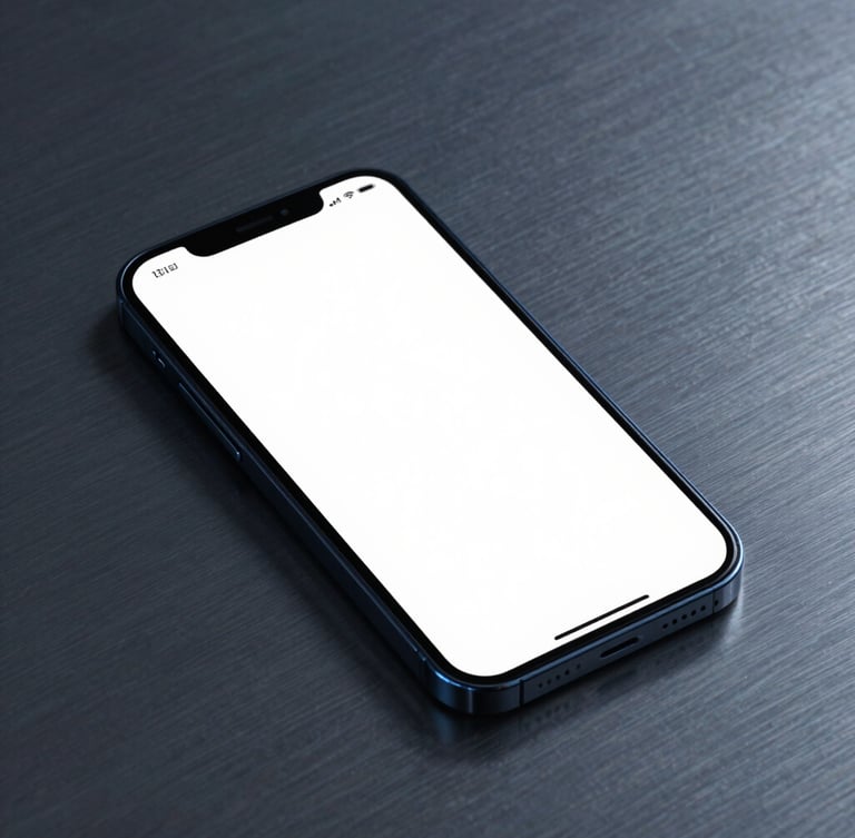 High-fidelity mockup of an engineered, clean user interface on a dark-mode phone, resting on a brushed metal surface, sharp blue highlights.