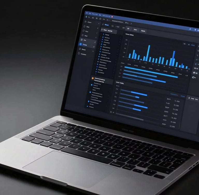 Close-up studio shot of a modern brushed-aluminum laptop displaying a sleek, high-contrast dark-mode web analytics interface, dramatic low-key lighting with sharp blue rim highlights, clean geometric composition.