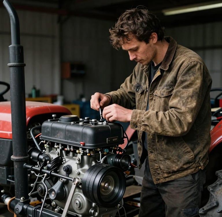 A male creator in a rugged canvas jacket working on a tractor engine inside a dimly lit workshop, high contrast natural light, 35mm lens