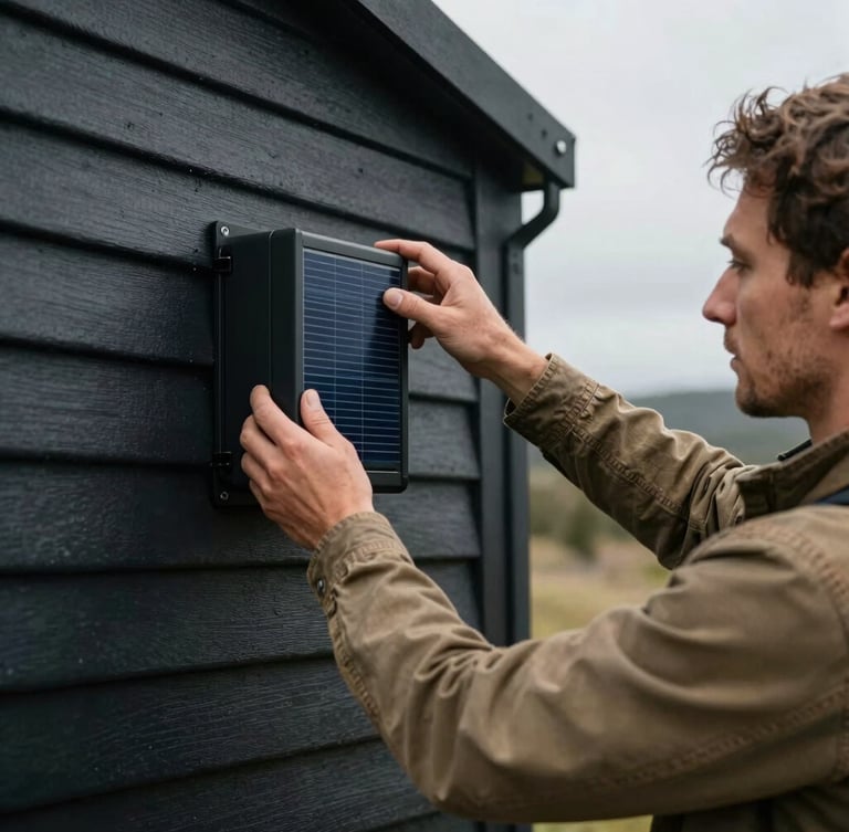 Close-up of a male creator in a rugged canvas jacket adjusting a solar inverter on an off-grid cabin wall, high-contrast overcast daylight, sharp focus 35mm lens