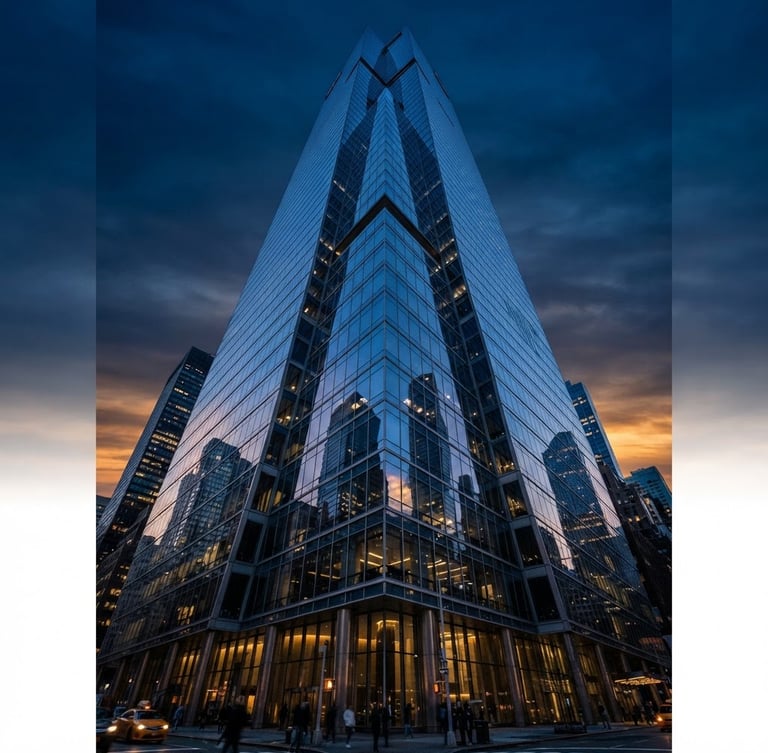 Dramatic low-angle shot of a modern glass skyscraper facade at sunset, sharp reflections, clean architectural lines, deep navy and steel blue tones.