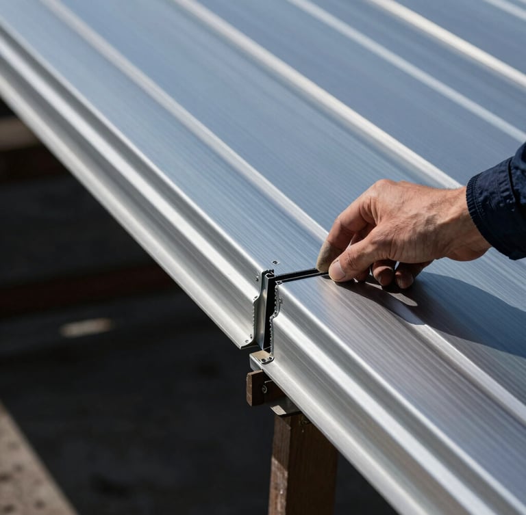 Close-up of an engineer's hand inspecting a precise aluminum cladding joint, sharp focus on the detail, high-contrast daylight, architectural photography, steel blue tones