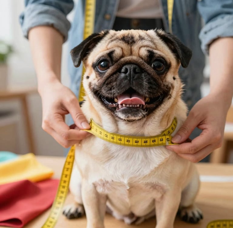 Close-up of a tailor gently measuring a happy pug with a soft yellow tape measure, warm natural workshop light, vibrant fabric textures visible.