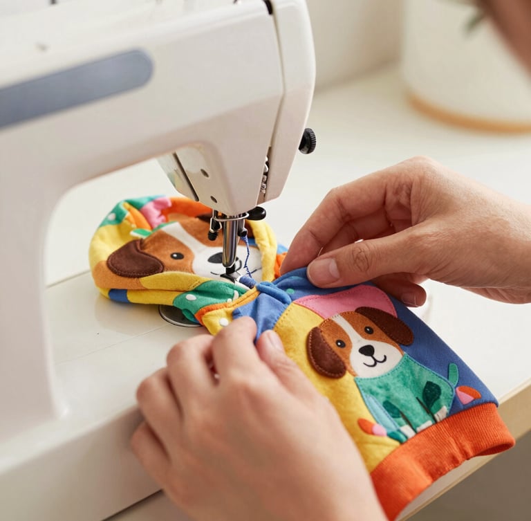 Close-up of artisan hands sewing a colorful fabric puppy hoodie on a vintage sewing machine, warm side lighting, shallow depth of field