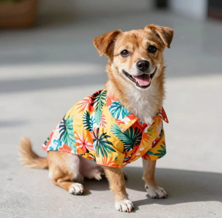 A happy small dog wearing a colorful tropical Hawaiian shirt, sitting comfortably on a clean light gray floor, warm natural sunlight, vibrant colors, shallow depth of field, 35mm lens