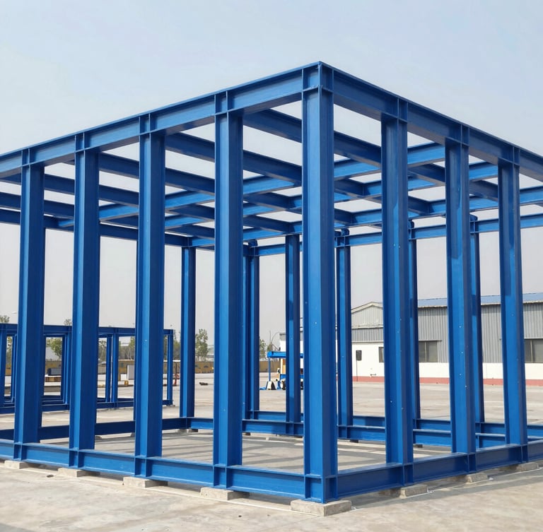High-contrast industrial architectural photography of a structural timber modular assembly frame, crisp natural factory daylight, structured geometric lines, blueprint blue tones, 35mm