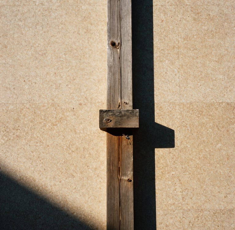 Low-angle architectural film photography of a weathered teak joint with high-contrast afternoon shadows, warm travertine background, 35mm