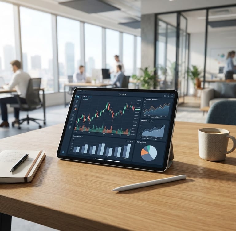 Bright modern corporate office, a professional tablet displaying clean financial charts on a wooden table, soft natural daylight, sharp focus, professional editorial style
