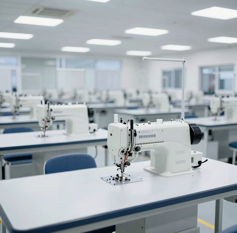 Wide-angle environmental shot of a clean, high-capacity factory floor with rows of automated sewing machines under bright, cool daylight, deep depth of field