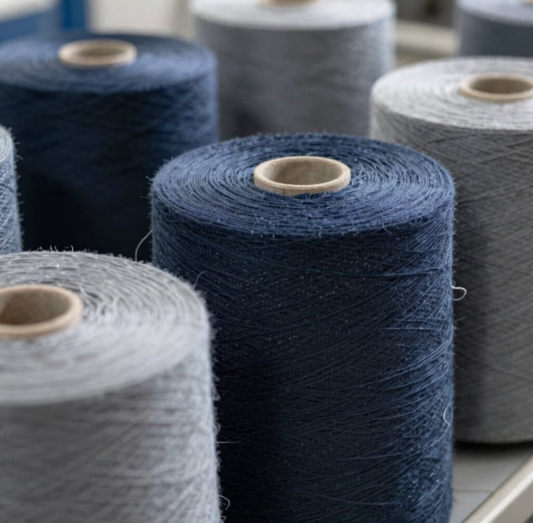 Macro shot of tightly wound raw cotton textile rolls in deep navy and slate grey, clean factory daylight, sharp depth of field