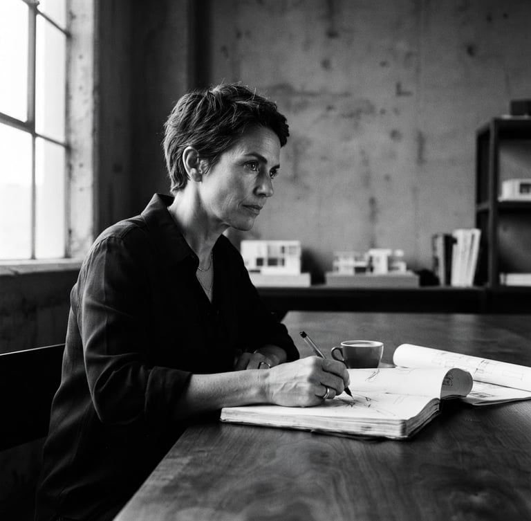 High-contrast black and white portrait of a female creative director in a minimalist concrete studio, dramatic natural side-light casting sharp shadows, 35mm film grain